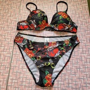 Shelby Swim Bikini Bling hearts and Chain black red pattern size large